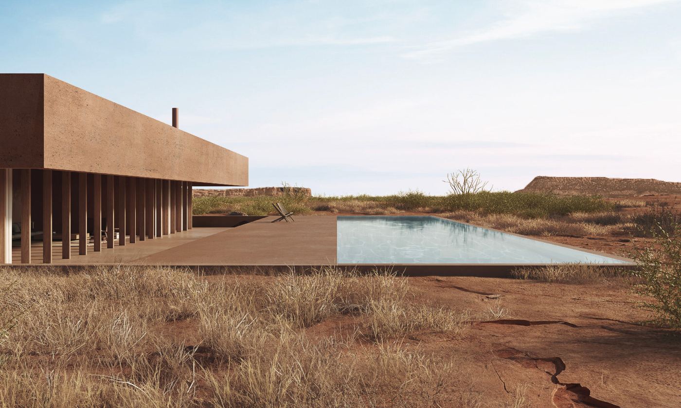 Pala Zion custom residence colonnade and infinity pool in the red desert near Zion National Park